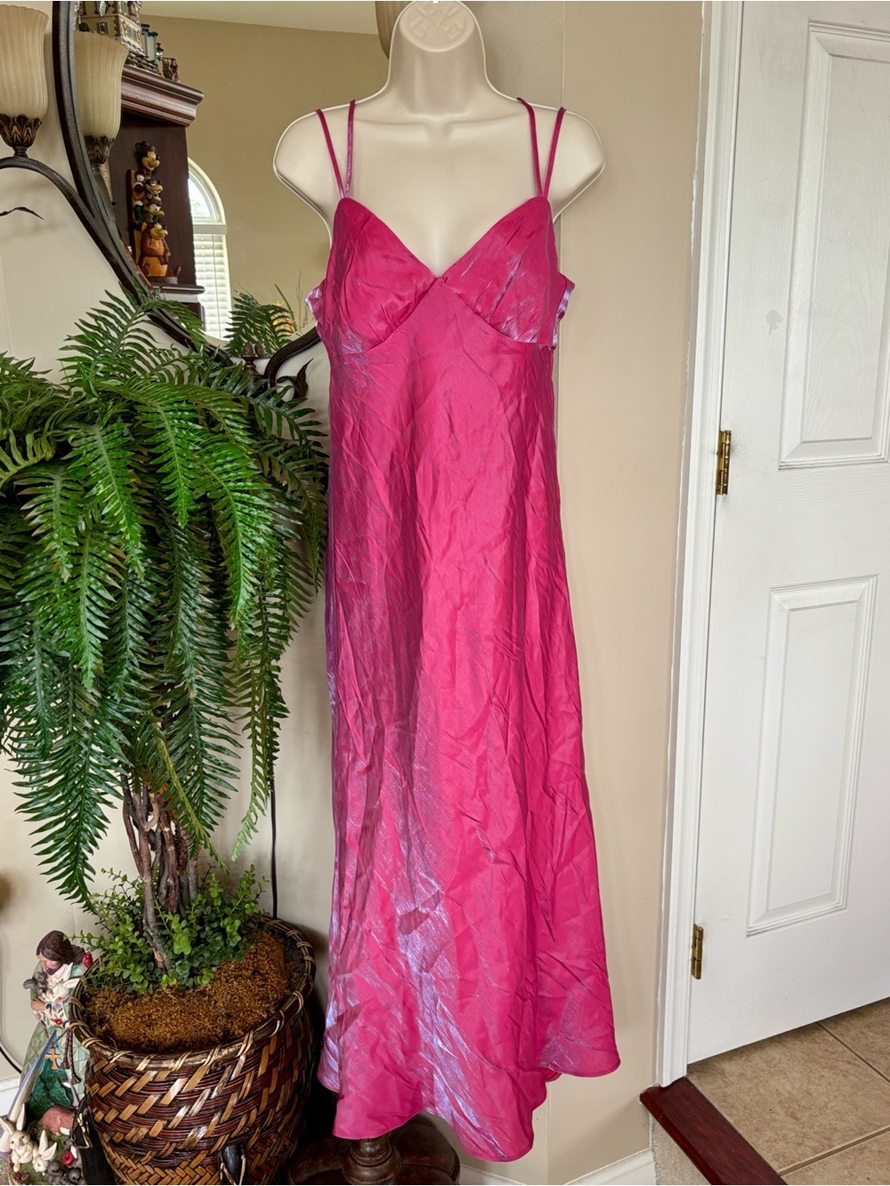 Wild Fable Iridescent Pink Satin Maxi Slip Dress Spaghetti Straps Shimmer Formal